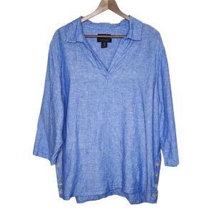 Tahari Blue Linen 3/4 Sleeve Top Women's Size 1X